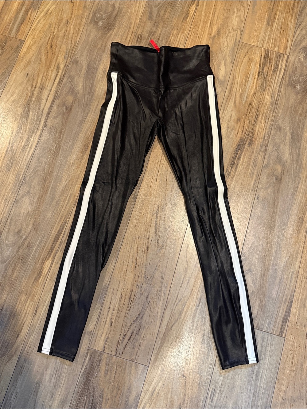 SPANX Black High-Waist Leather-Like Leggings with White Side Stripes